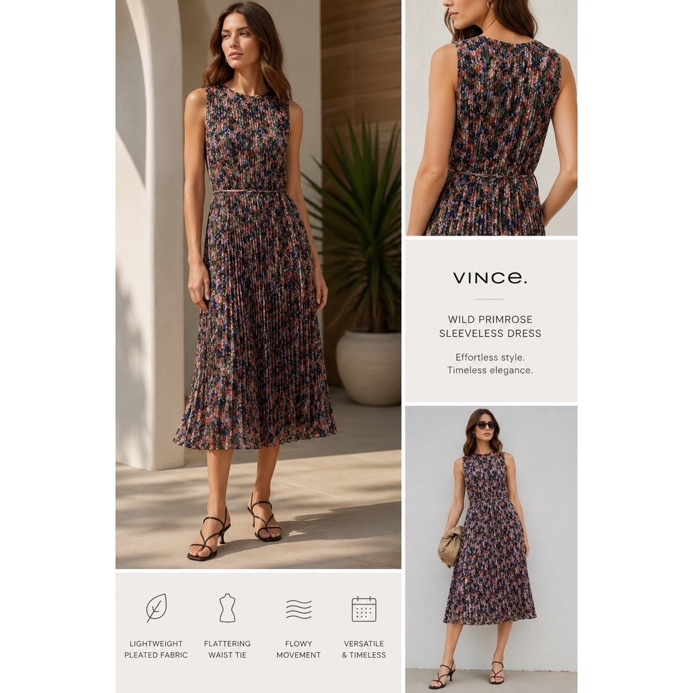 Vince Wild Primrose Floral Pleated Midi Dress Sleeveless Belted Quiet Luxury Med